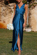 Priyavil V Neck Twist Front Slit Maxi Satin Dress