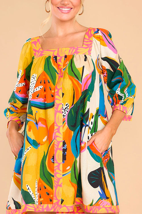 Priyavil 3/4 Sleeves Tropic Print Cotton Linen Dress