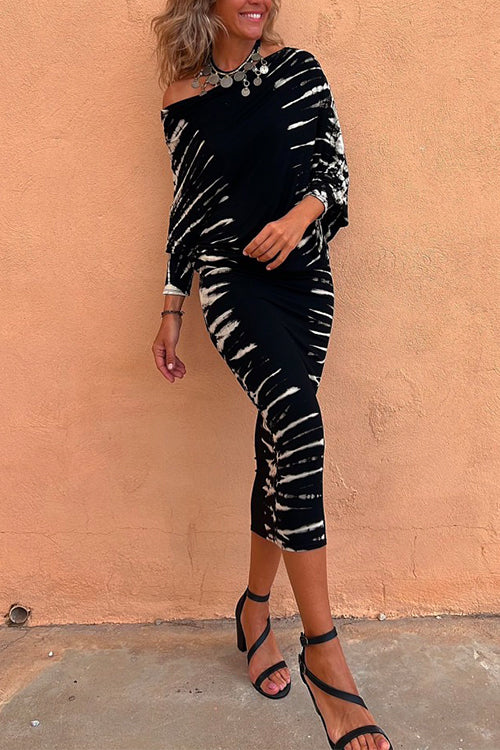 Priyavil Cold Shoulder Batwing Sleeve Waisted Tie Dye Dress