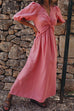 Priyavil V Neck Twist Knot Front Puff Sleeves Cotton Linen Maxi Dress