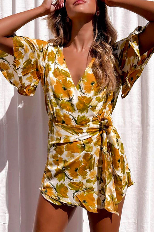 Priyavil V Neck Open Back Tie Waist Floral Wrap Romper