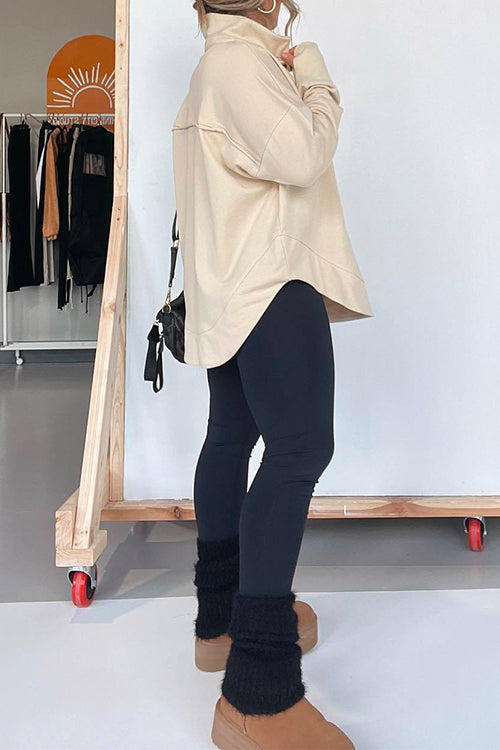 Priyavil Stand Collar Button Up Curve Hem Sweatshirt with Thumb Hole