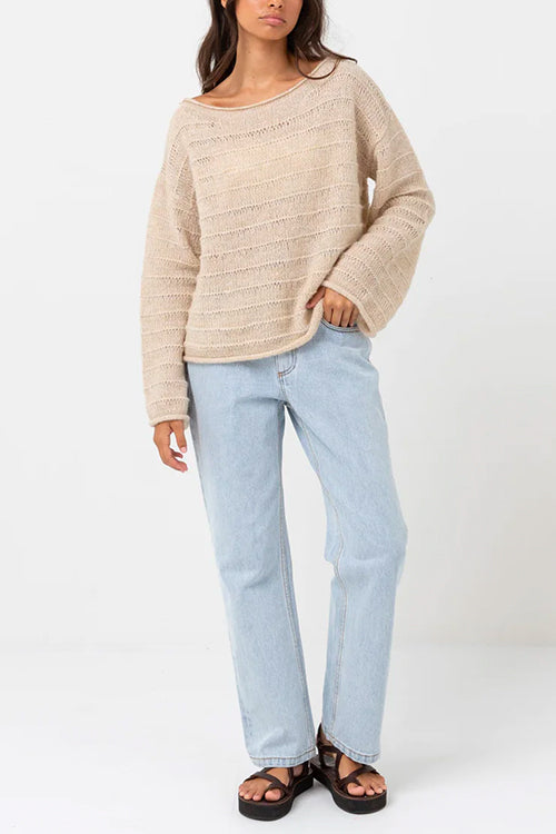 Priyavil Drop Shoulder Hollow Out Solid Knitting Sweater