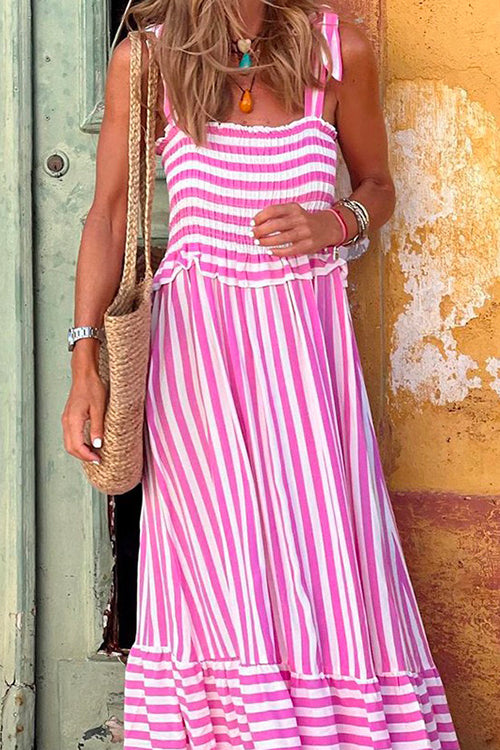 Priyavil Striped Bow Knot Shoulder Smocked Ruffle Maxi Holiday Dress