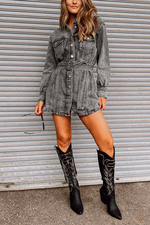 Priyavil Vintage Long Sleeves Belted Denim Mini Shirt Dress