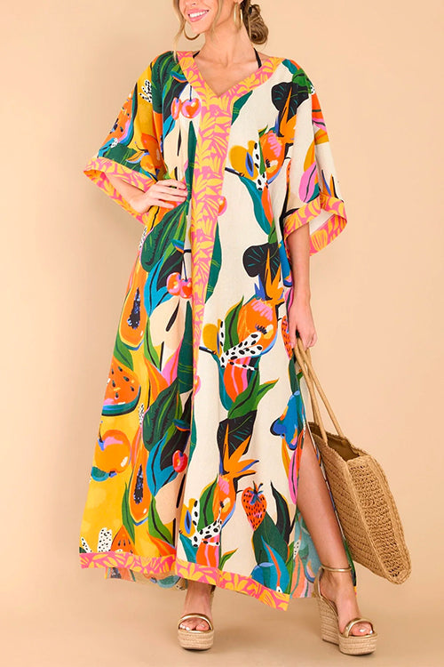 Priyavil Kimono Sleeves Side Split Tropic Print Maxi Caftan Dress