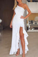 Priyavil One Shoulder Twist Waist High Slit Ruffle Maxi Party Dress