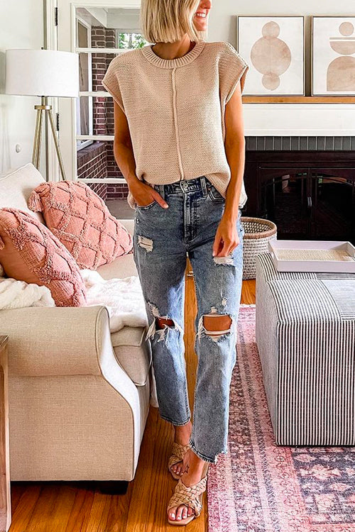 Priyavil Crewneck Cap Sleeves Pullover Sweater