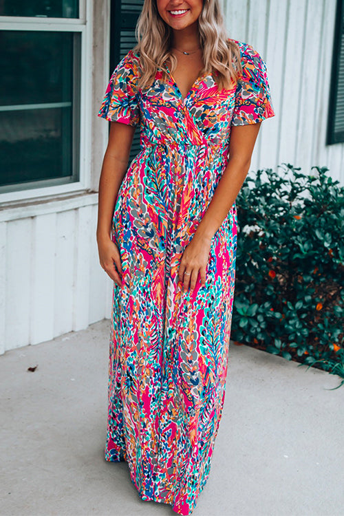 Priyavil V Neck Short Sleeve High Waist Printed Maxi Swing Dress