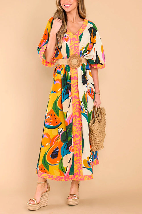 Priyavil Kimono Sleeves Side Split Tropic Print Maxi Caftan Dress