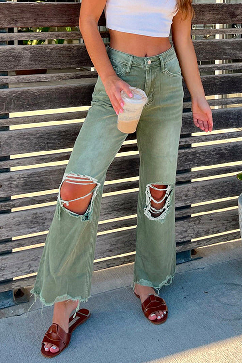 Priyavil Ripped Cut Out Raw Hem Straight Leg Jeans