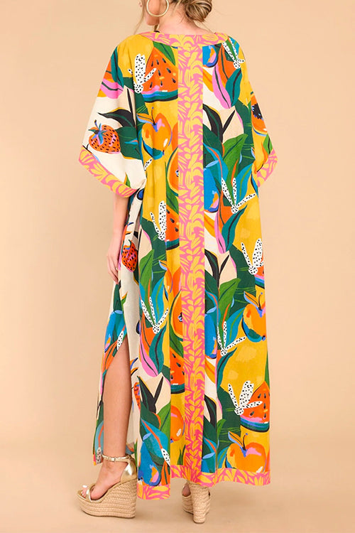 Priyavil Kimono Sleeves Side Split Tropic Print Maxi Caftan Dress