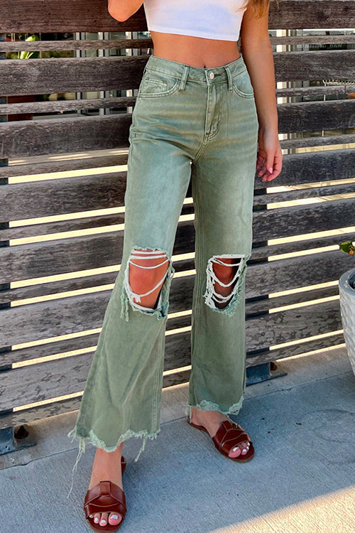 Priyavil Ripped Cut Out Raw Hem Straight Leg Jeans