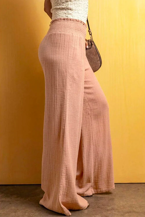Priyavil Smocked Elastic Waist Wide Leg Cotton Linen Pants
