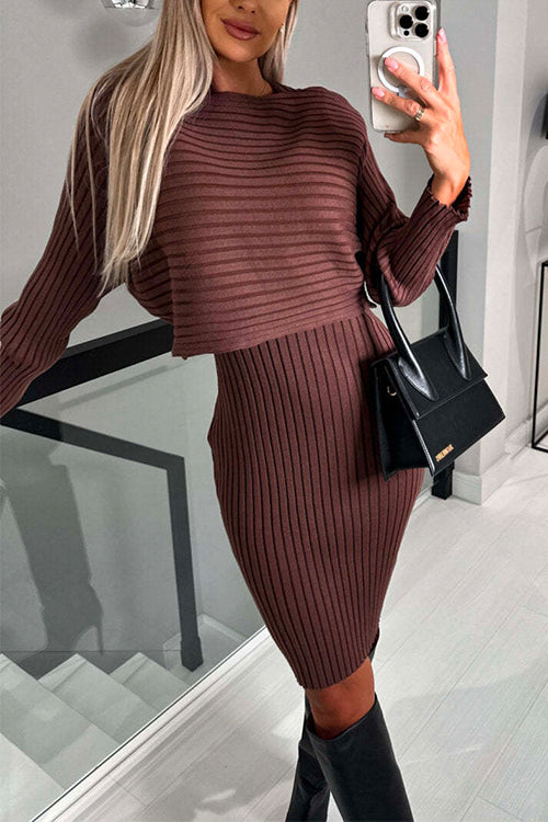 Priyavil Ribbed Knit Long Sleeves Crop Pullover and Bodycon Cami Dress Set