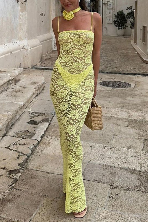 Priyavil Adjustable Straps Lace Hollow Out Maxi Bodycon Dress