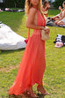 Priyavil Deep V Neck Halter Backless Flowy Maxi Party Dress