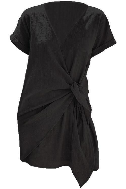 Priyavil Casual Cross V Neck Short Sleeve Wrapped Dress