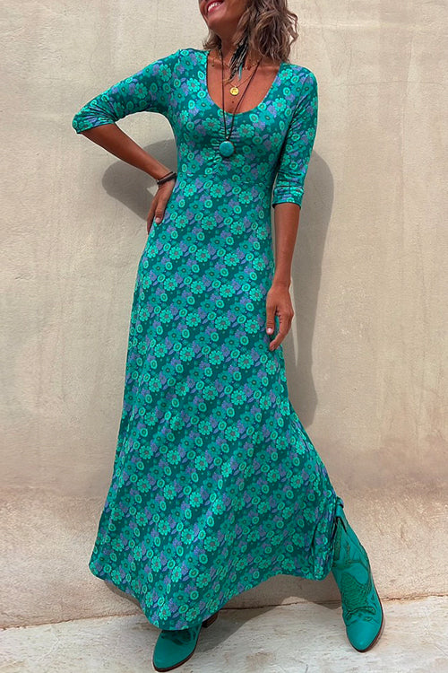 Priyavil Scoop Neck 3/4 Sleeve Maxi Floral Dress