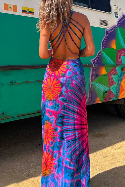 Priyavil Criss Cross Backless Tie Dye Maxi Cami Dress