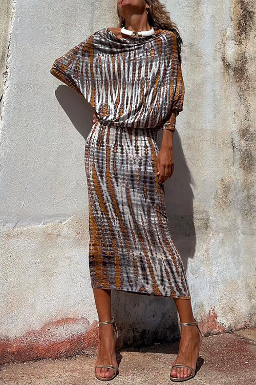 Priyavil Batwing Sleeve Waisted Tie Dye Midi Dress