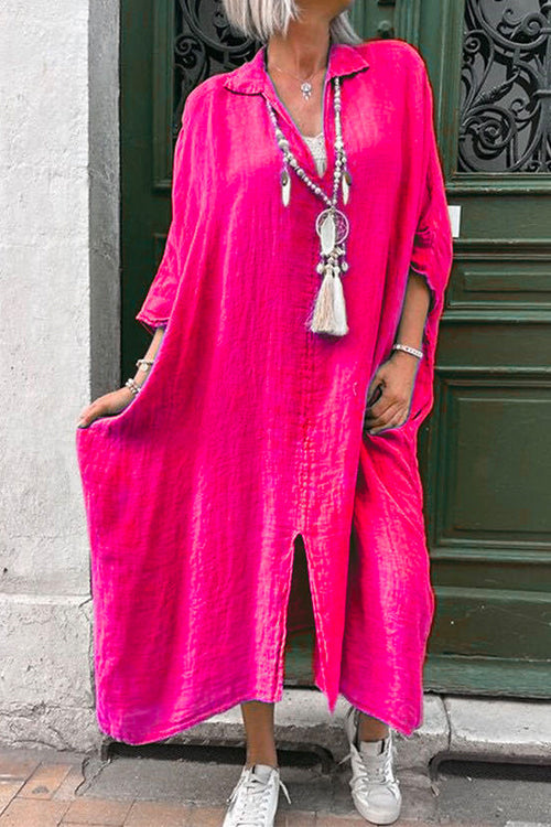 Priyavil Lapel V Neck Slit Front Oversized Midi Dress