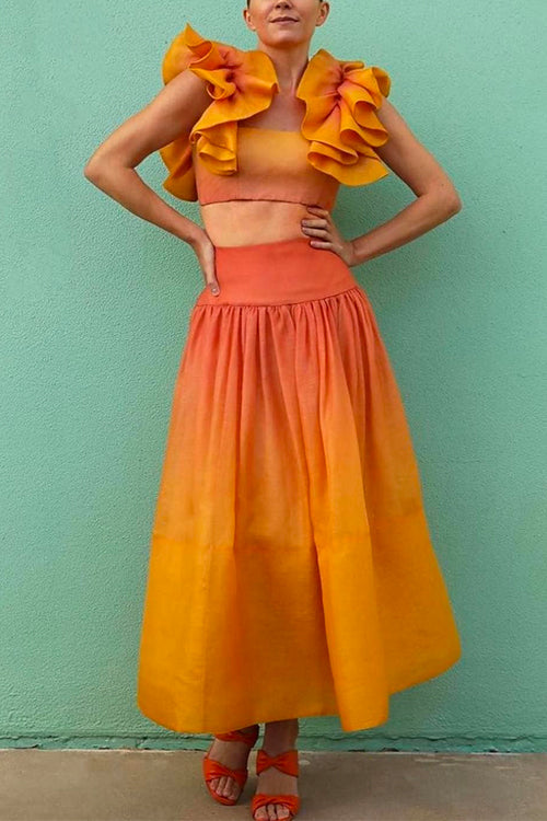 Priyavil Gradient Ruffled Shoulder Crop Top High Waist A-line Skirt Set