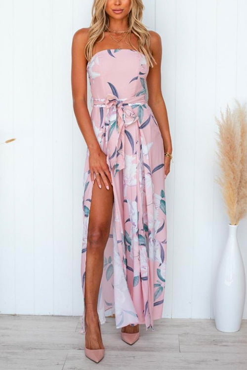 Priyavil Sleeveless Off Shoulder Tie Waist Split Wide Leg Floral Jumpsuit