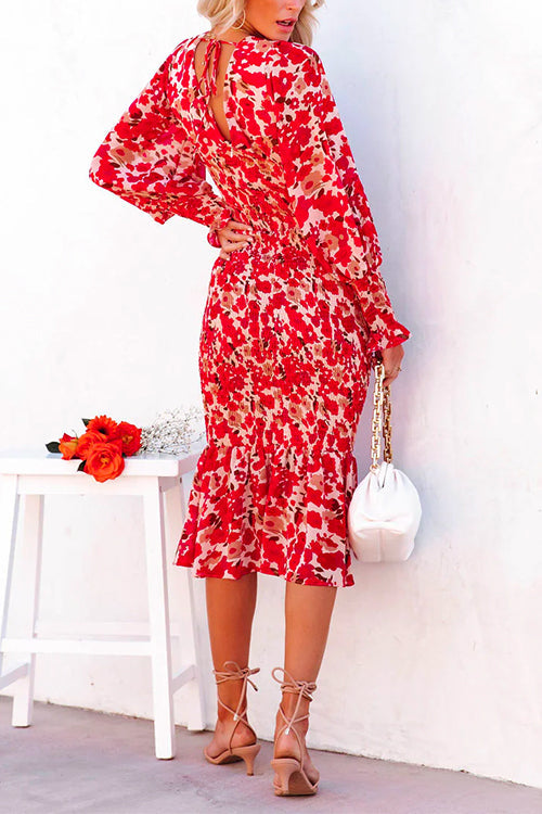 Priyavil V Neck Long Sleeves Dress Printed Mermaid Midi Dress