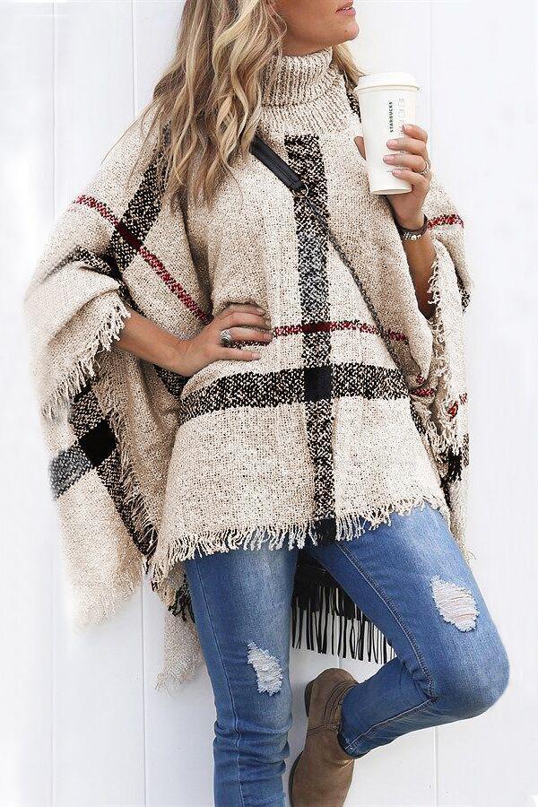 Priyavil Burberry Plaid Tassel Poncho Sweater