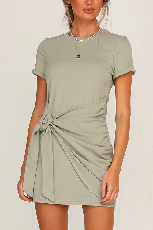 Priyavil Short Sleeve Knot Waist Solid T-shirt Dress