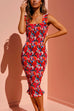 Priyavil Square Collar Floral Smocked Midi Bodycon Dress