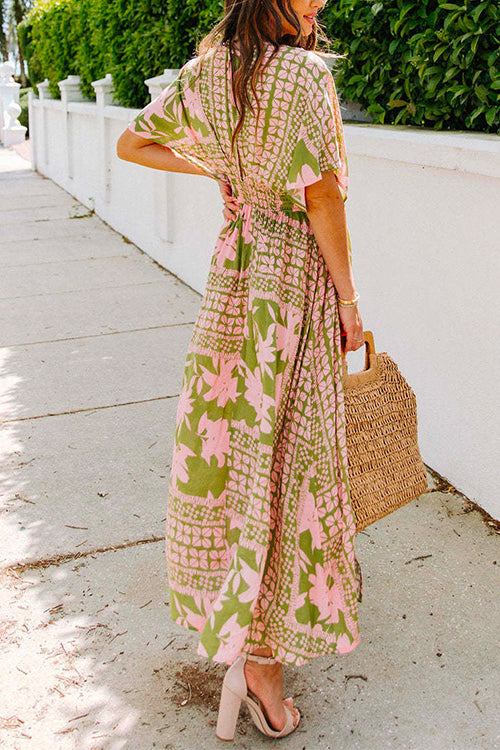 Priyavil V Neck Kimono Sleeves Side Split Printed Maxi Holiday Dress