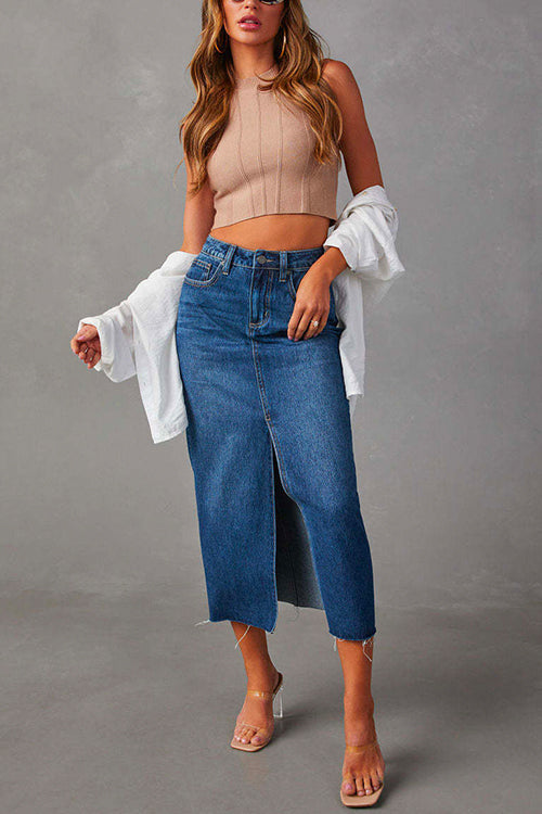 Priyavil High Rise Raw Hem Slit Front Denim Midi Skirt