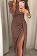 Priyavil Solid Off Shoulder High Slit Glitter Long Dress