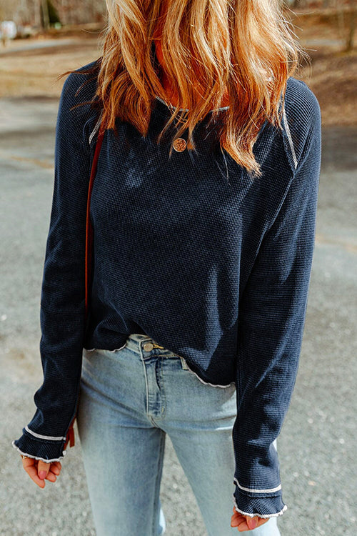 Priyavil Long Sleeves Splice Waffle Knit Pullovers