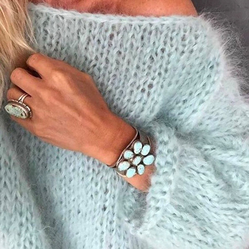 Priyavil Solid Boat Neck Fluffy Knitting Sweater