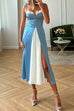 Priyavil Tie Shoulder Color Block Splice Swing Midi Cami Dress