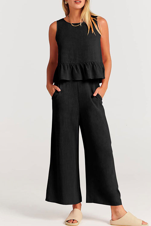 Priyavil Crewneck Ruffle Tank Top Wide Leg Pockets Pants Set