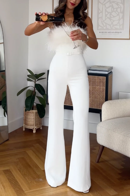 Priyavil Strapless Feather Tube Top Flare Bottoms Jumpsuit
