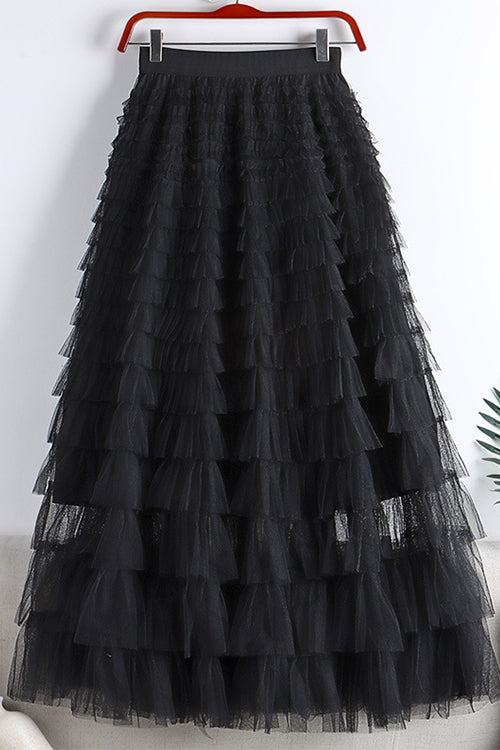Priyavil High Waist Ruffle Layered Mesh A-line Skirt