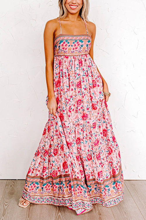 Priyavil Lace Up Backless High Waist Floral Maxi Cami Holiday Dress