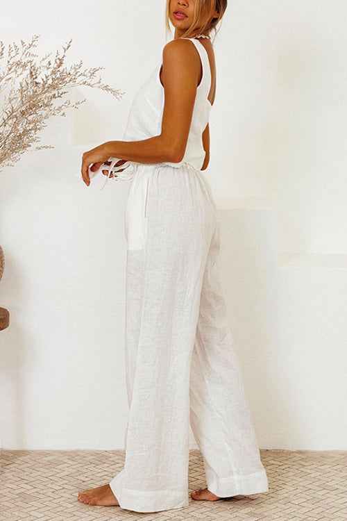 Priyavil Square Collar Crop Tank Top Tie Waist Wide Leg Pants Cotton Linen Set