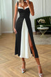 Priyavil Tie Shoulder Color Block Splice Swing Midi Cami Dress
