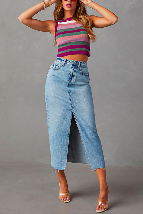 Priyavil High Rise Raw Hem Slit Front Denim Midi Skirt