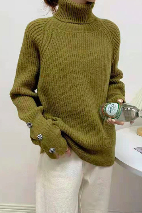 Priyavil Turtleneck Raglan Sleeves Buttons Slouchy Sweater