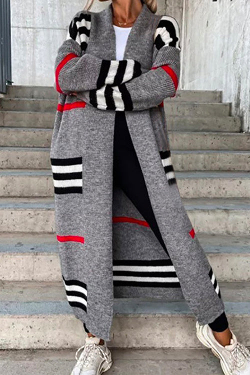 Priyavil Open Front Color Block Striped Splice Long Sweater Cardigan