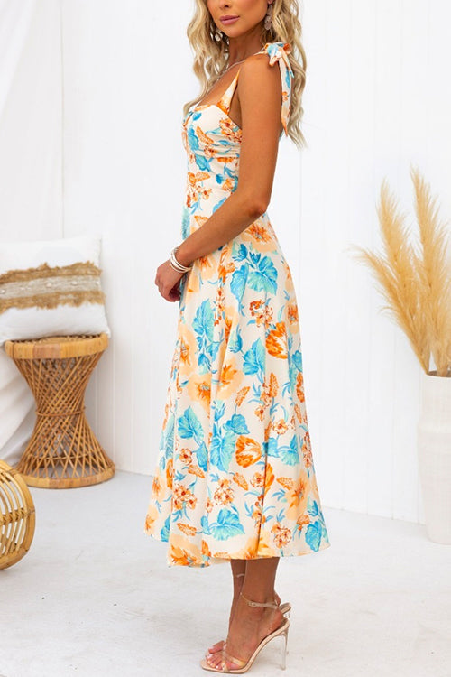 Priyavil Floral Tie Shoulder Flared Midi Cami Holiday Dress