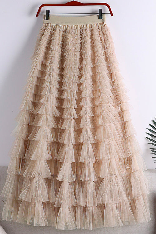 Priyavil High Waist Ruffle Layered Mesh A-line Skirt
