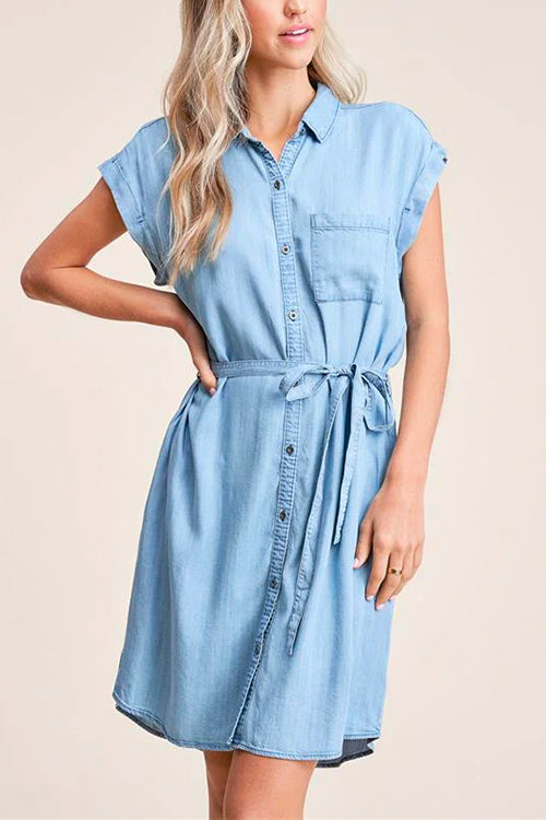 Priyavil Short Sleeves Tie Waist Button Down Denim Shirt Dress